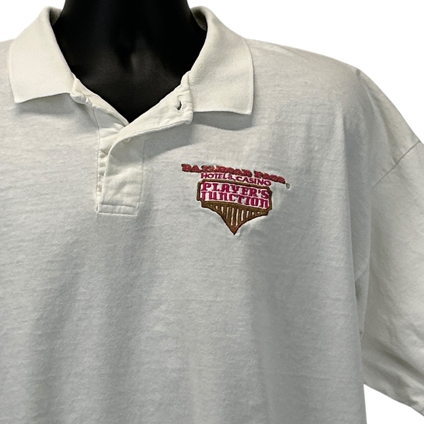 Fruit of the Loom White Polo Shirt with Railroad Pass Casino Logo on Front in Size Medium