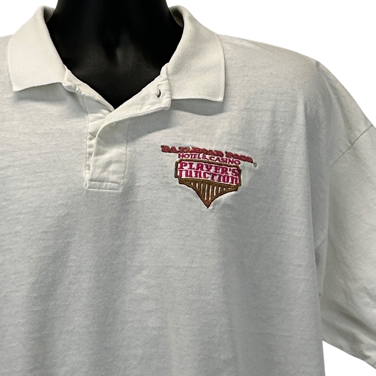 Fruit of the Loom White Polo Shirt with Railroad Pass Casino Logo on Front in Size Medium