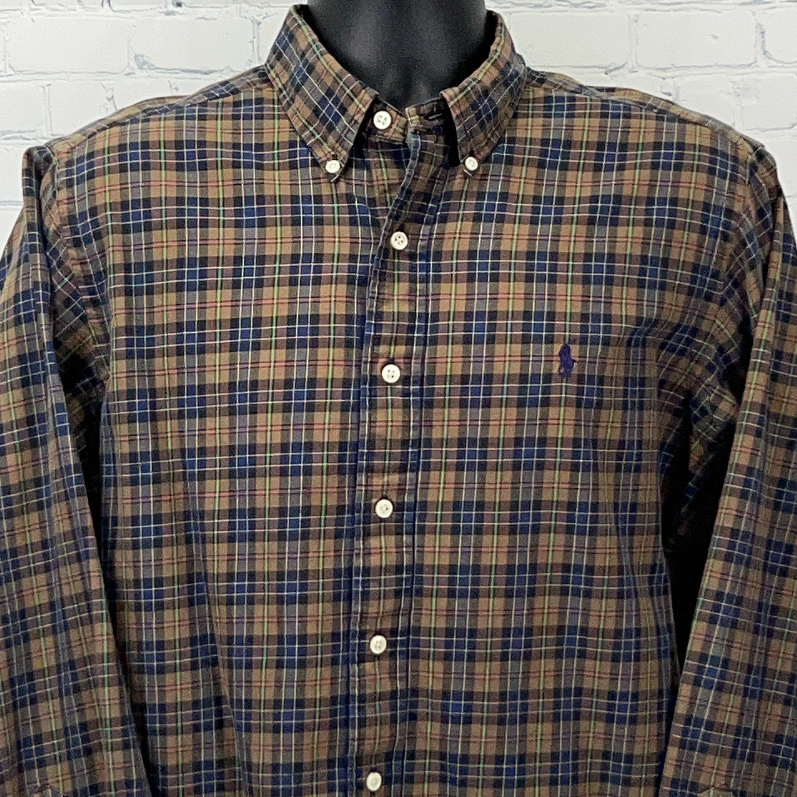 Ralph Lauren Men's Plaid Button-Down Shirt in Blue and Brown with Iconic Logo on Chest