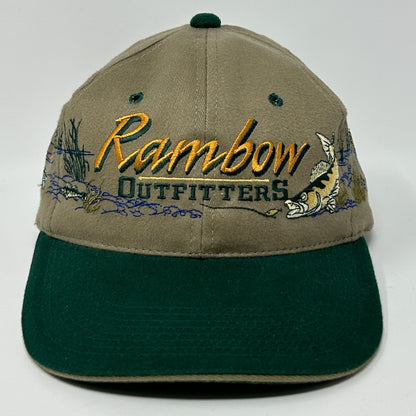 Vintage beige fishing cap featuring green brim and embroidered 'Rambow Outfitters' logo with fish design