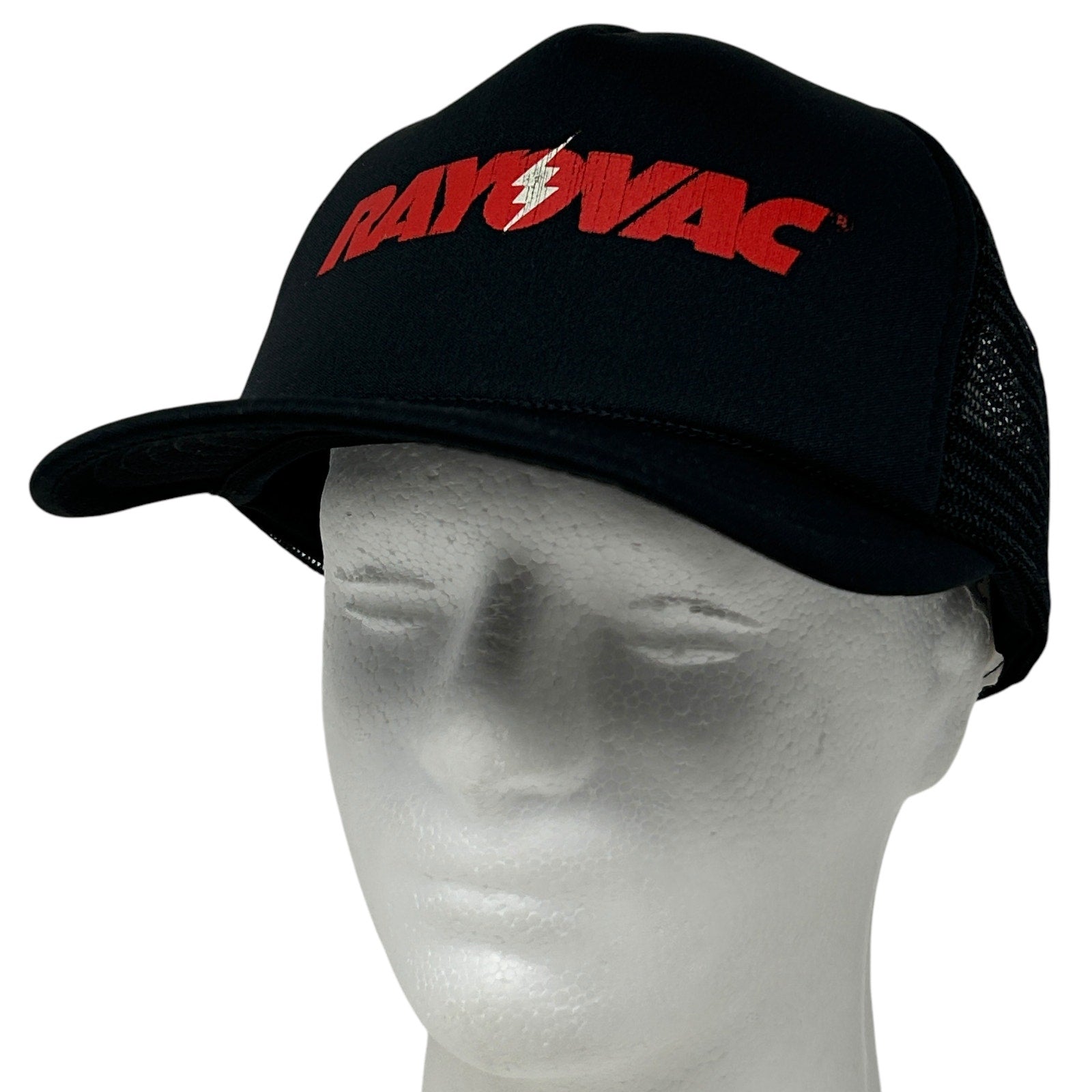 Vintage black snapback hat featuring Rayovac Batteries logo in red on the front