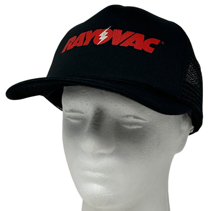 Vintage black snapback hat featuring Rayovac Batteries logo in red on the front