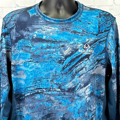 Realtree Fishing T Shirt in blue with a textured pattern, featuring the Realtree logo on the front