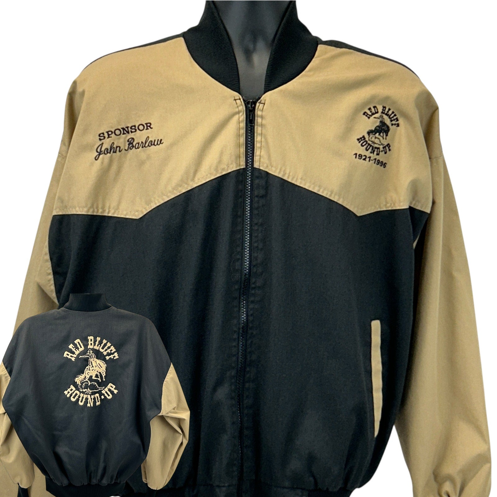 Vintage rodeo jacket in black and tan with logo detail on the front, featuring a bomber style and elastic cuffs