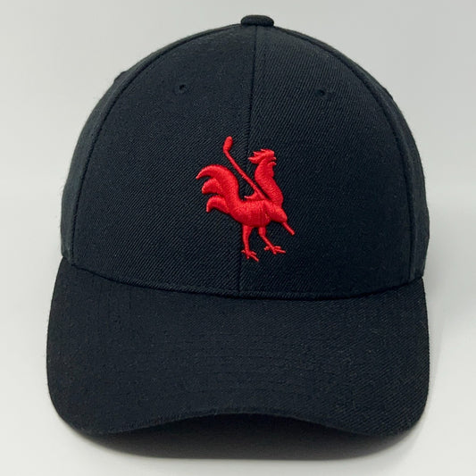 Front view of black Yupoong cap featuring a red Rooster Golf logo embroidery