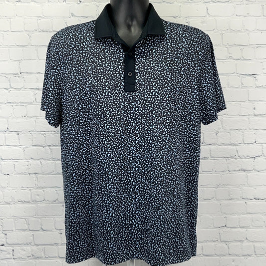 REDVANLY Men's Short Sleeve Polo Shirt in Black with Pattern, Front View, Smooth Fabric