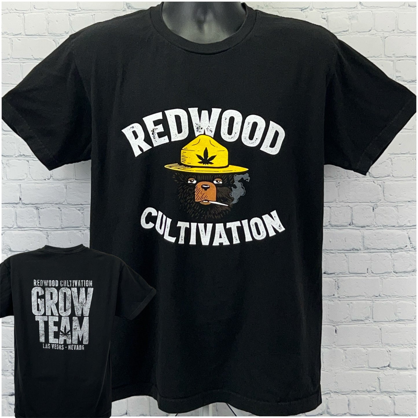 Black Tultex Cannabis T-shirt featuring a front graphic with Redwood cultivation and a back print for Grow Team