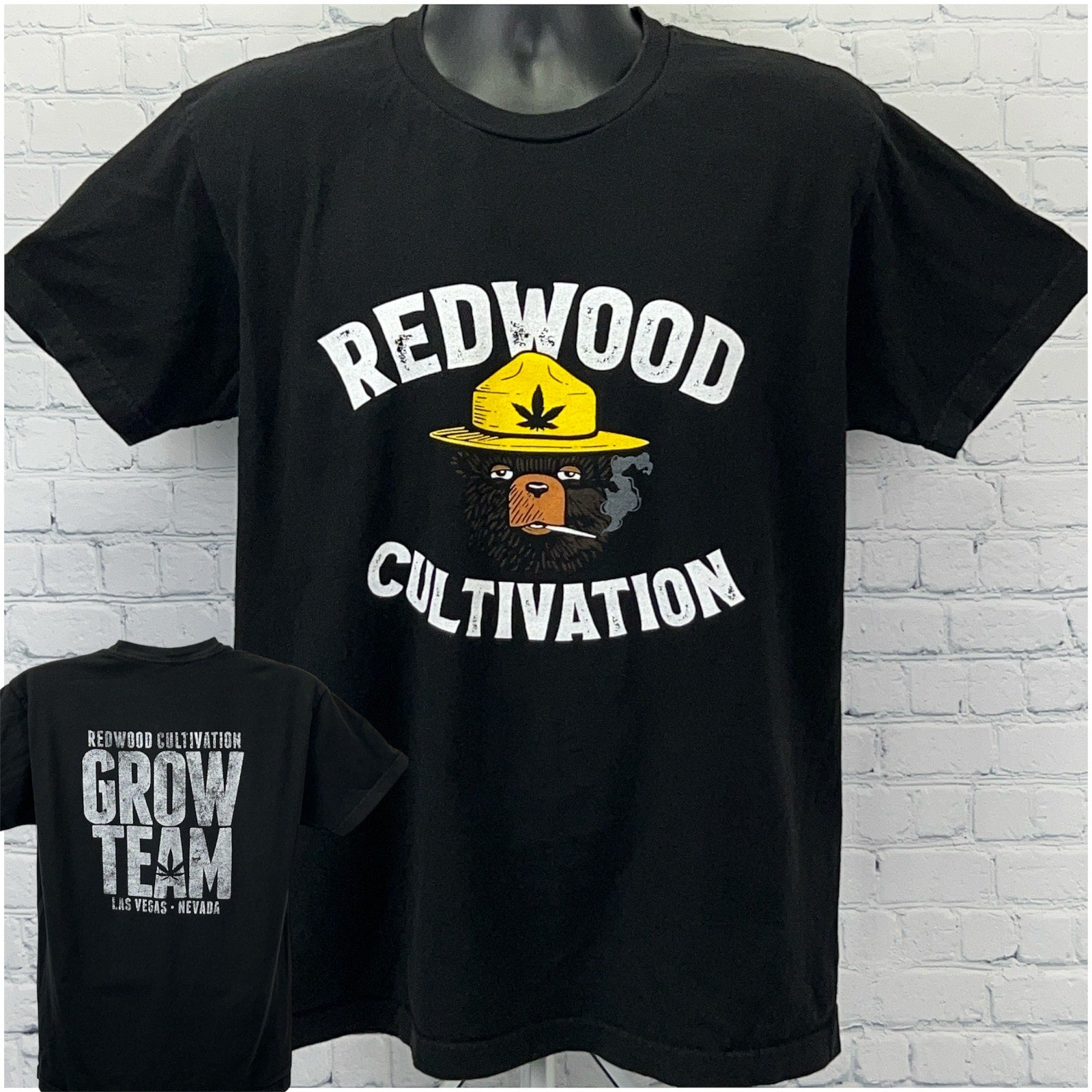 Black Tultex Cannabis T-shirt featuring a front graphic with Redwood cultivation and a back print for Grow Team