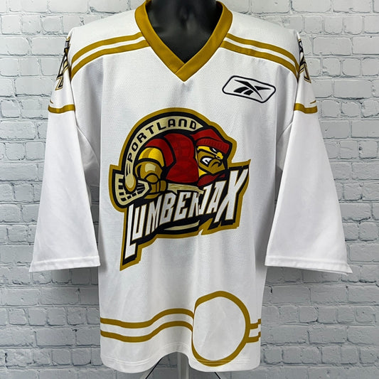 Front view of the Reebok NLL Jersey in white with Portland LumberJax logo and gold accents