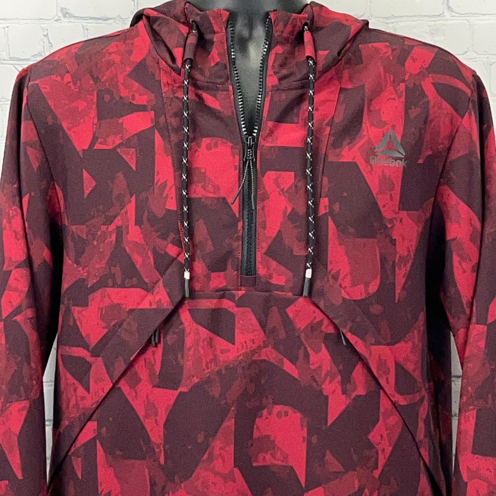 Reebok Red Graphic Hoodie with Half-Zip and Logo, Front View, Size Large
