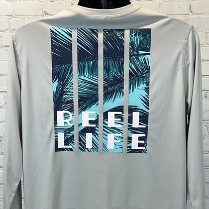 Reel Life Fishing T Shirt in light gray with palm leaf graphic on back for outdoor enthusiasts