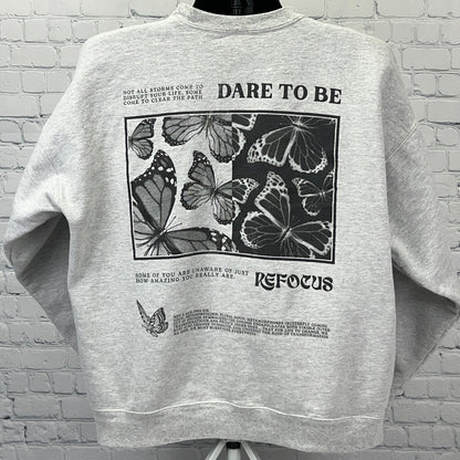 Gray KK Fit sweatshirt featuring butterfly graphics and inspirational text on the back