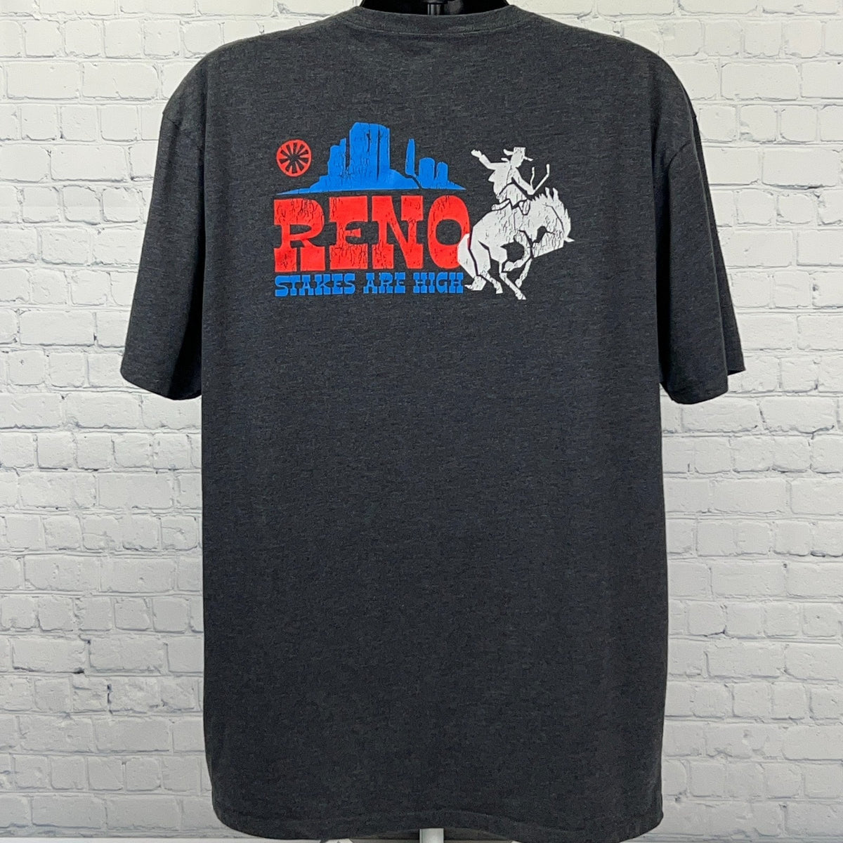 Bass Pro Shop Reno T-Shirt in Charcoal Gray with Colorful Design on Back