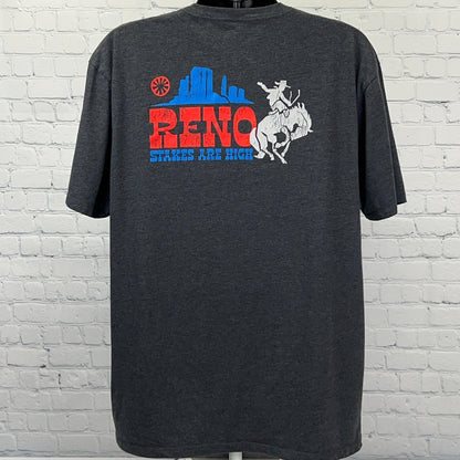 Bass Pro Shop Reno T-Shirt in Charcoal Gray with Colorful Design on Back