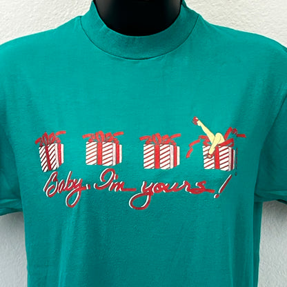 Teal Hanes Christmas T-Shirt in medium featuring festive gift graphic and playful text design