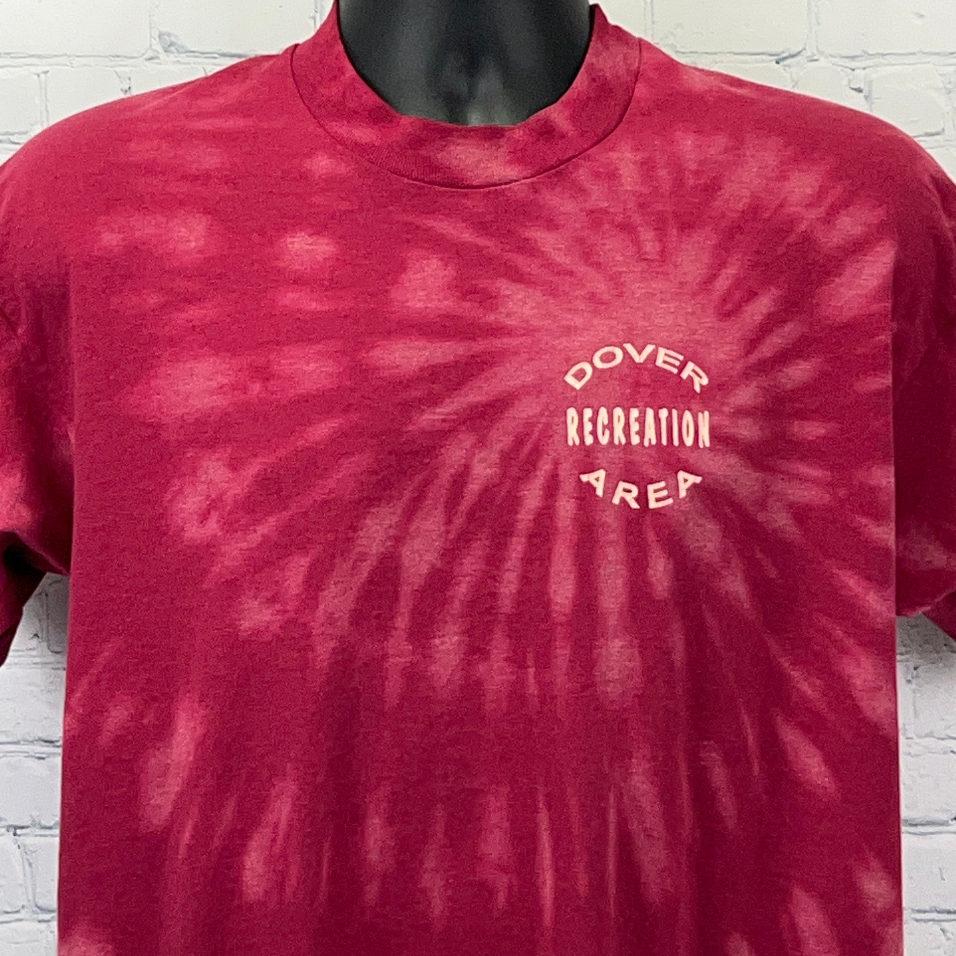 Fruit of the Loom maroon tie-dye T-shirt featuring Dover Recreation Area text on the front