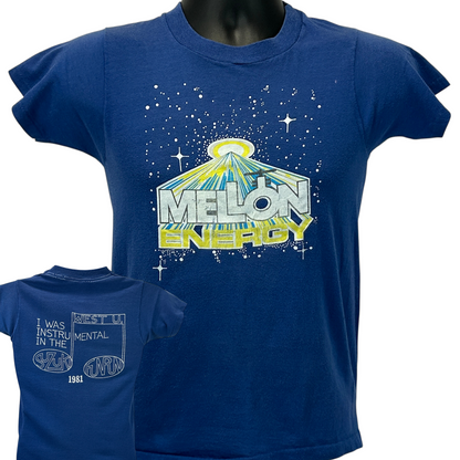 Vintage Houston Melon Energy T-Shirt in navy blue, front view featuring a graphic logo, size medium.