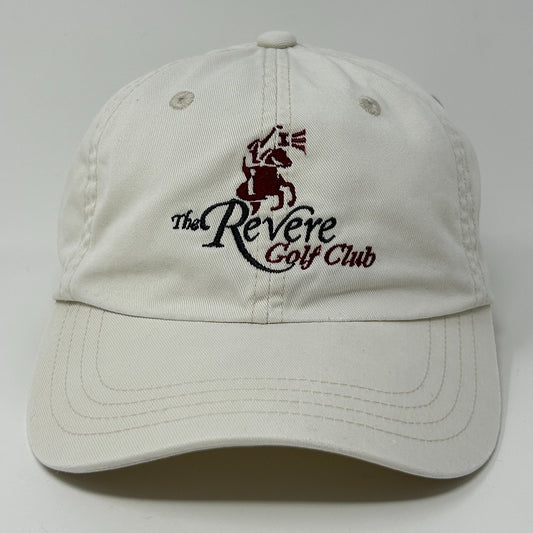 White Baseball Cap Hat featuring embroidered Revere Golf Club logo on the front
