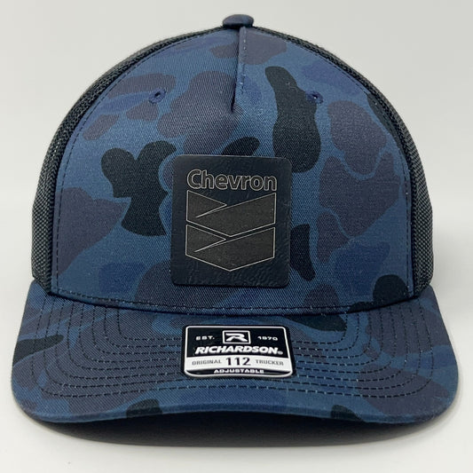 Richardson adjustable trucker cap in navy camo with black Chevron logo on the front