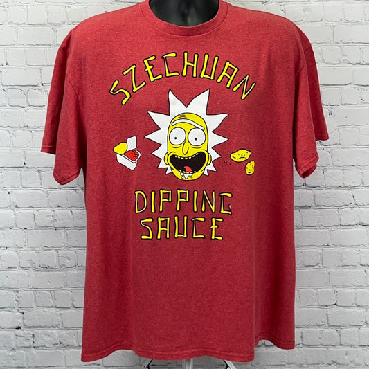 Red Rick and Morty Szechuan Dipping Sauce T-shirt featuring a graphic of Rick's face