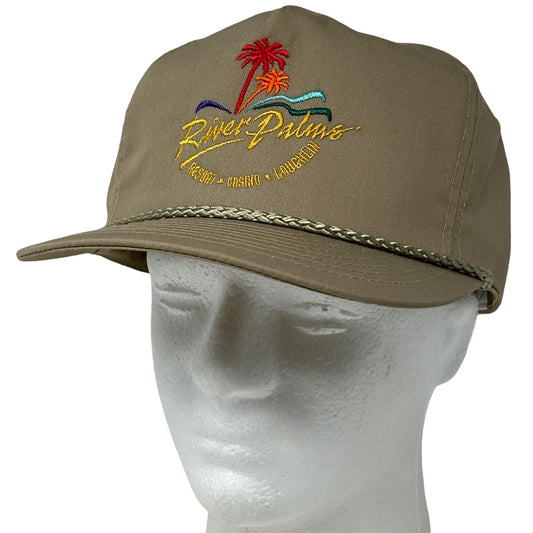 Vintage Laughlin River Palms Resort Hat in khaki with colorful embroidered logo and braided strap