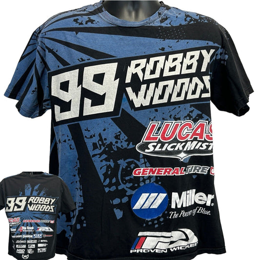 Black and blue Robby Woods T-Shirt featuring front logo, number 99, and sponsor graphics on the back