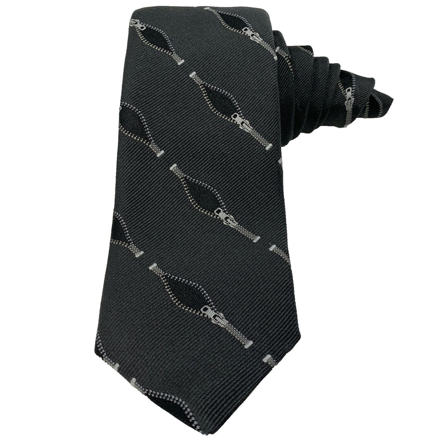 Robert Talbott Black Necktie with Zigzag Patterns and Unique Bottle Design in Front View