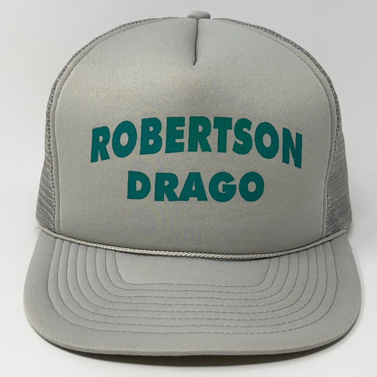 San Sun Vintage Gray Trucker Hat with Robertson Drago Bold Text in Green
