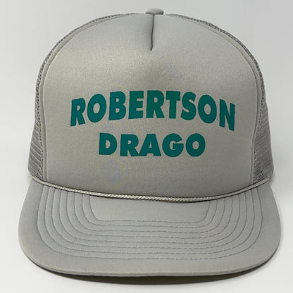 San Sun Vintage Gray Trucker Hat with Robertson Drago Bold Text in Green