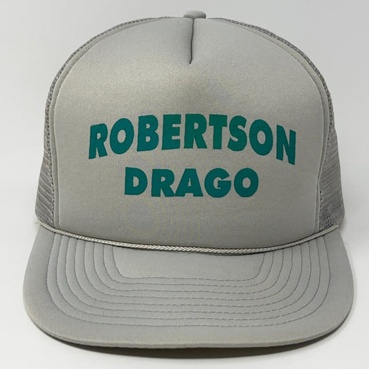 San Sun Vintage Gray Trucker Hat with Robertson Drago Bold Text in Green