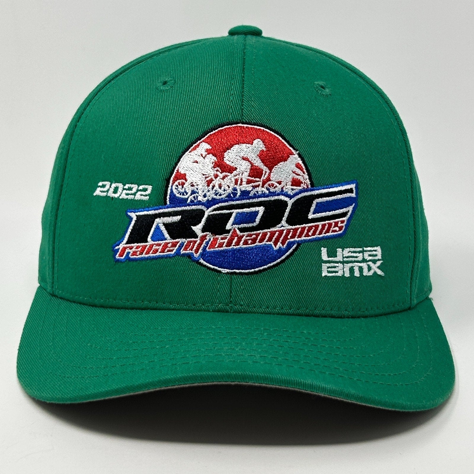 Green BMX Hat featuring 2022 ROC Race of Champions embroidered logo on the front