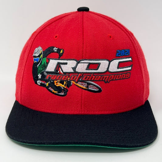 Red KB Ethos BMX Hat featuring embroidered ROC logo and black brim in front view