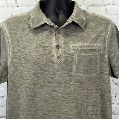 Rock & Republic Polo in olive green, featuring a front pocket and button collar, viewed from the front