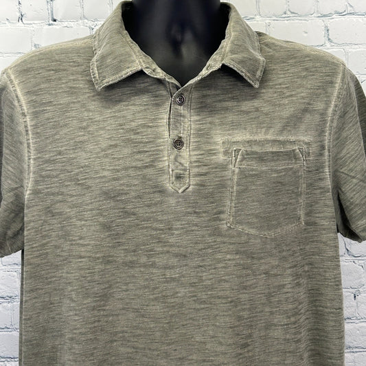 Rock & Republic Polo in olive green, featuring a front pocket and button collar, viewed from the front