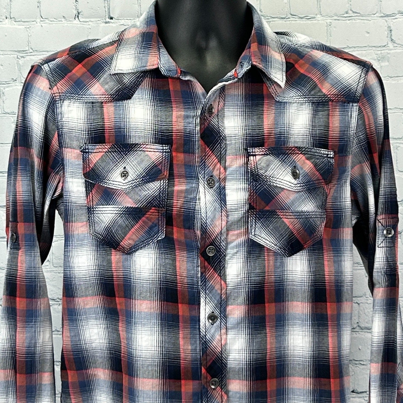 Rock & Republic Shirt in plaid design with red, black, and white colors featuring button-down front and chest pockets