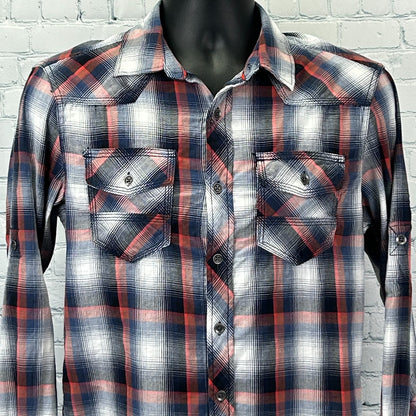 Rock & Republic Shirt in plaid design with red, black, and white colors featuring button-down front and chest pockets