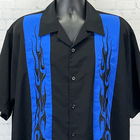 Vintage black Rockabilly shirt with blue flame embroidery, short-sleeve and relaxed fit, front view