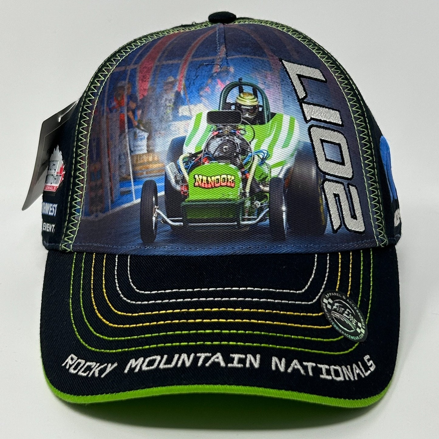 Fast Eddie Racewear Drag Racing Hat in black with front graphic, adjustable size, and logo detailing