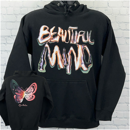 Black hoodie from Independent Trading Company featuring 'Beautiful Mind' front print and a butterfly design on the back
