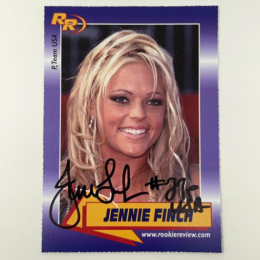 Rookie Review signed photo card of Jennie Finch featuring her smiling with blonde hair, purple design and unique logo