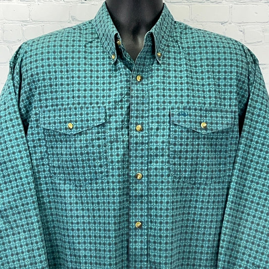 Roper turquoise button-up shirt with unique geometric pattern and front pockets for a stylish casual look