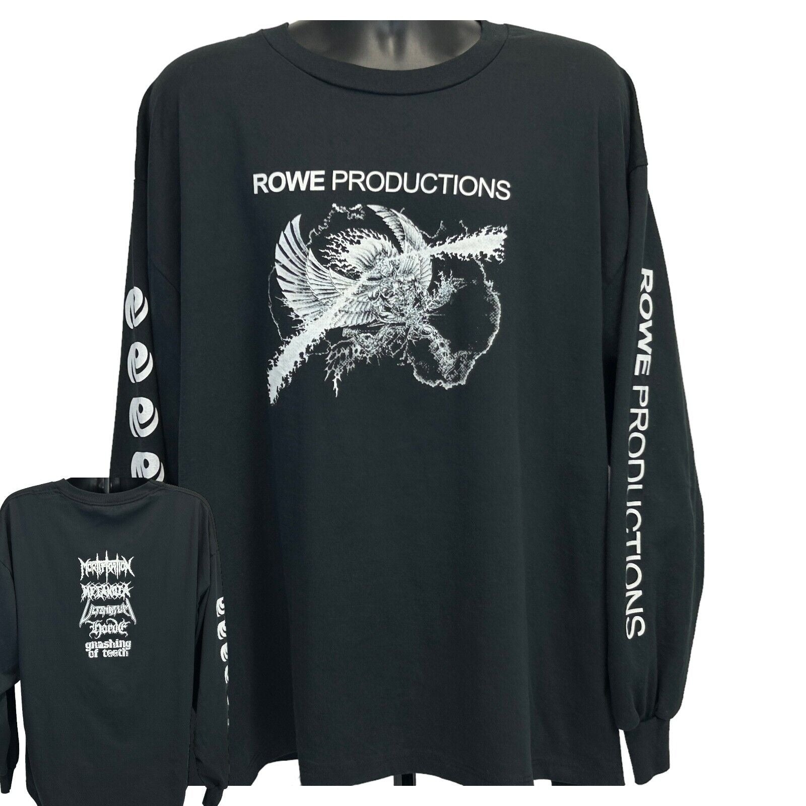 Black long sleeve T-shirt by JERZEES featuring Rowe Productions logo on front and back