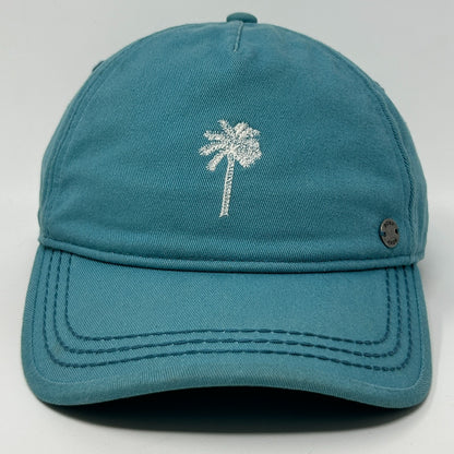 Teal ROXY hat with palm tree embroidery and adjustable strap, front view detailing