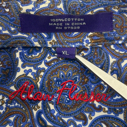 Alan Flusser Paisley Button Front Shirt Mens X-Large Long Sleeve Blue White Gold