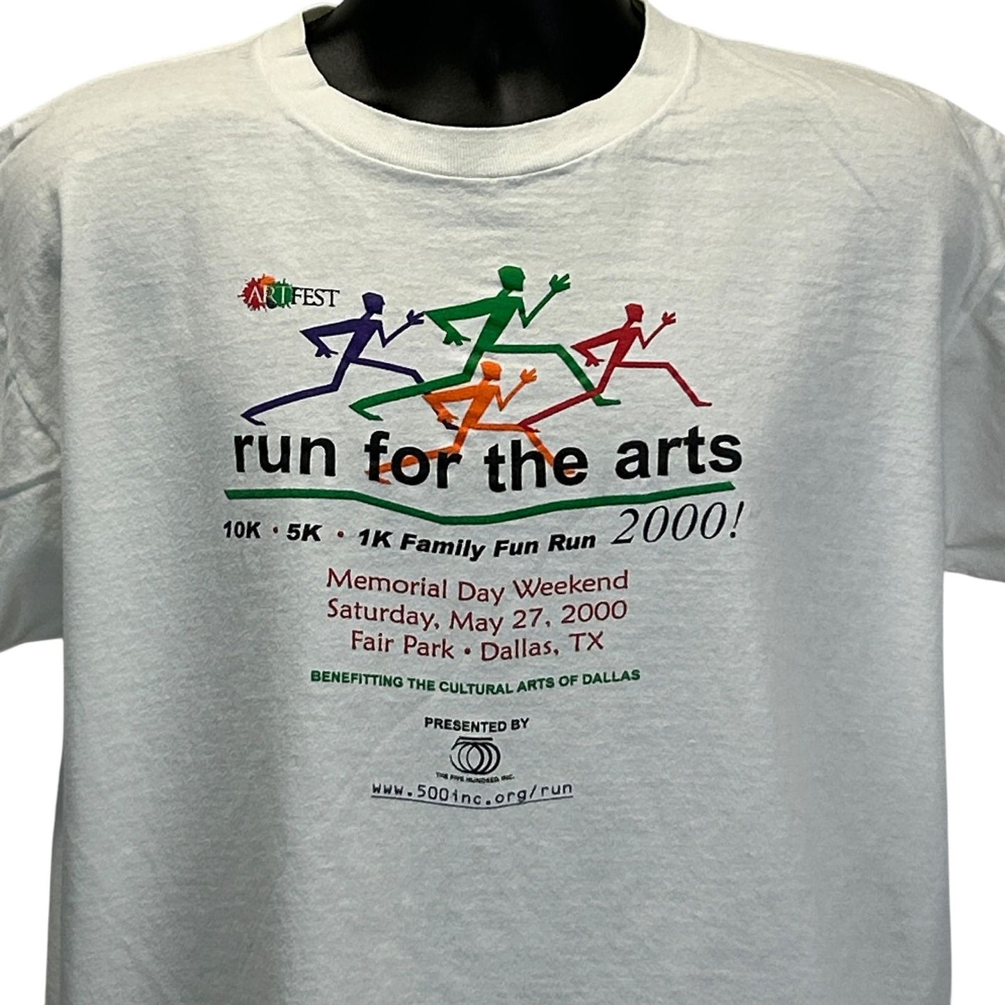White Fruit of the Loom T-Shirt featuring colorful runners logo, front view for Dallas Texas event