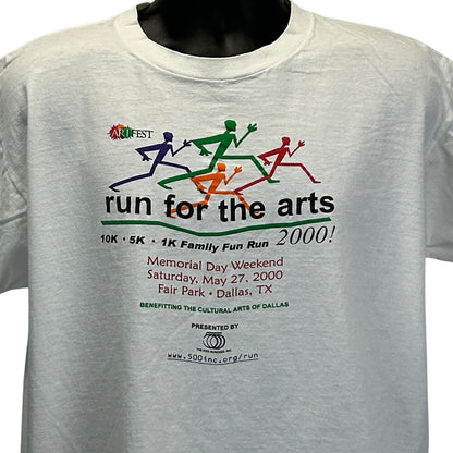 White Fruit of the Loom T-Shirt featuring colorful runners logo, front view for Dallas Texas event