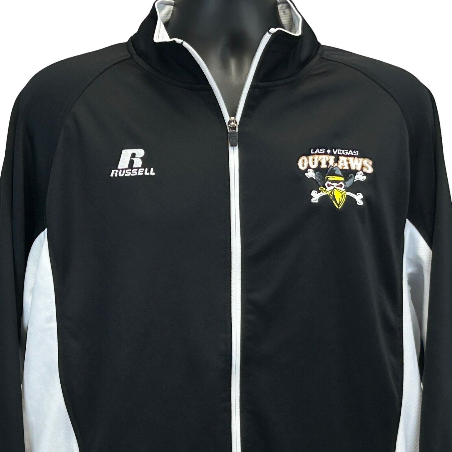 Men's black Russell Athletic jacket featuring the Las Vegas Outlaws logo on the front with white accents