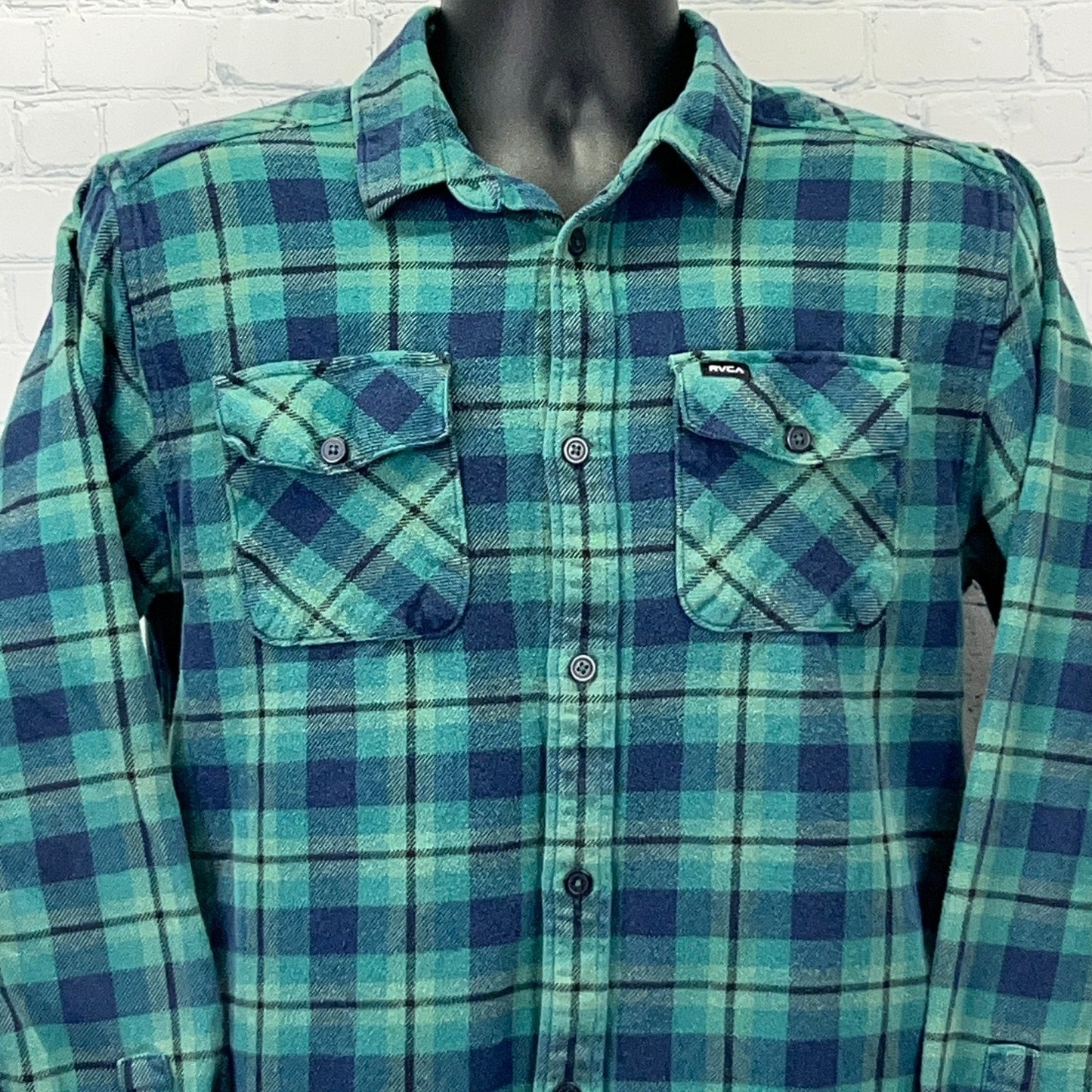 RVCA Men's Flannel Shirt in Teal and Navy with Front Pockets and Checkered Pattern