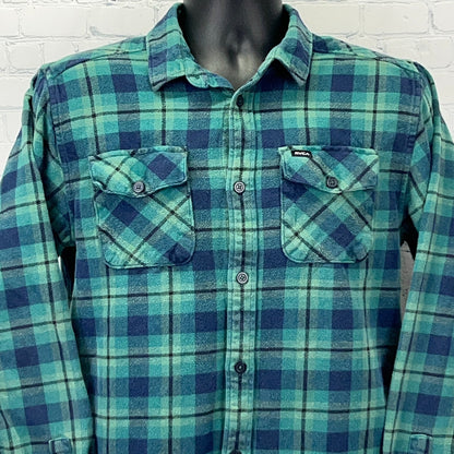 RVCA Men's Flannel Shirt in Teal and Navy with Front Pockets and Checkered Pattern