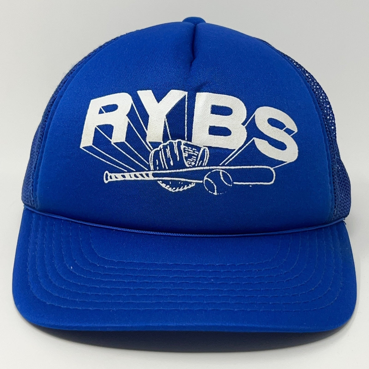Front view of a blue vintage baseball cap featuring the logo RYBS with a bat and glove design